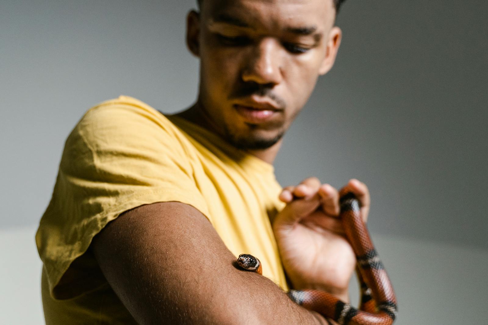 A man faces his fear by holding a snake.