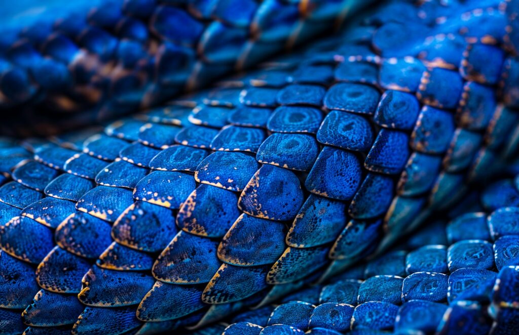 A close up of a blue snake skin